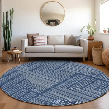 8' Navy Blue And Ivory Round Geometric Washable Indoor Outdoor Area Rug