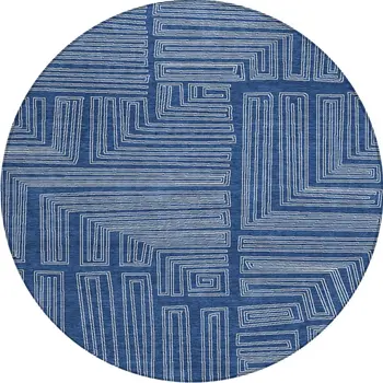 8' Navy Blue And Ivory Round Geometric Washable Indoor Outdoor Area Rug