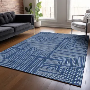 8' X 10' Navy Blue And Ivory Geometric Washable Indoor Outdoor Area Rug