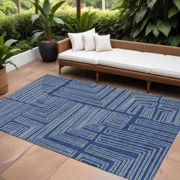 9' X 12' Navy Blue And Ivory Geometric Washable Indoor Outdoor Area Rug