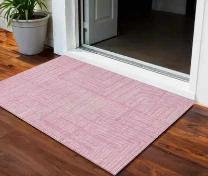 3' X 5' Pink And Ivory Geometric Washable Indoor Outdoor Area Rug