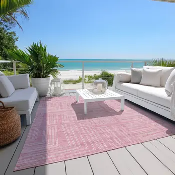3' X 5' Pink And Ivory Geometric Washable Indoor Outdoor Area Rug