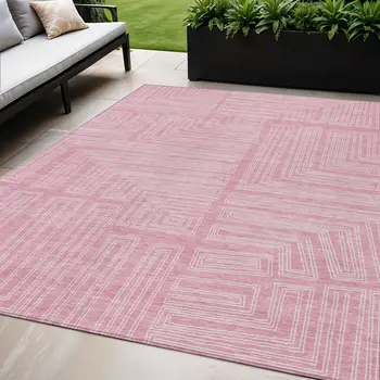 5' X 8' Pink And Ivory Geometric Washable Indoor Outdoor Area Rug