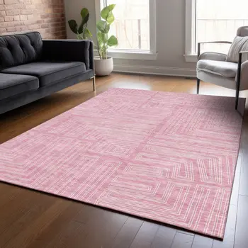 5' X 8' Pink And Ivory Geometric Washable Indoor Outdoor Area Rug