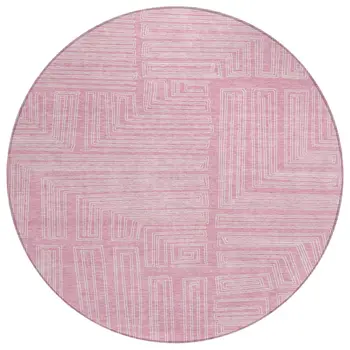 8' Pink And Ivory Round Geometric Washable Indoor Outdoor Area Rug