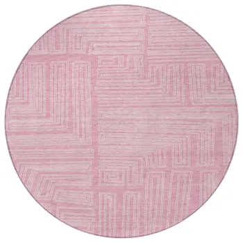 8' Pink And Ivory Round Geometric Washable Indoor Outdoor Area Rug