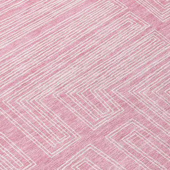 8' Pink And Ivory Round Geometric Washable Indoor Outdoor Area Rug