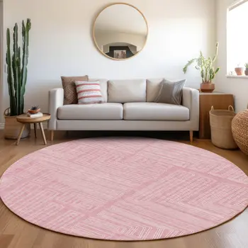 8' Pink And Ivory Round Geometric Washable Indoor Outdoor Area Rug