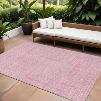 10' X 14' Pink And Ivory Geometric Washable Indoor Outdoor Area Rug