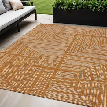 5' X 8' Copper And Ivory Geometric Washable Indoor Outdoor Area Rug