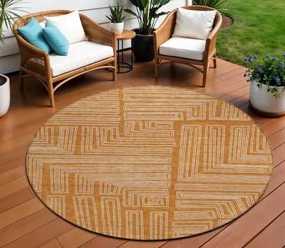 8' Copper And Ivory Round Geometric Washable Indoor Outdoor Area Rug