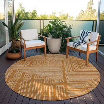 8' Copper And Ivory Round Geometric Washable Indoor Outdoor Area Rug