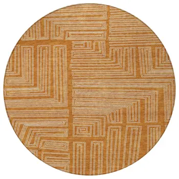 8' Copper And Ivory Round Geometric Washable Indoor Outdoor Area Rug