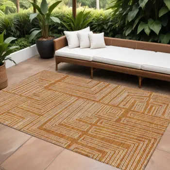 10' X 14' Copper And Ivory Geometric Washable Indoor Outdoor Area Rug