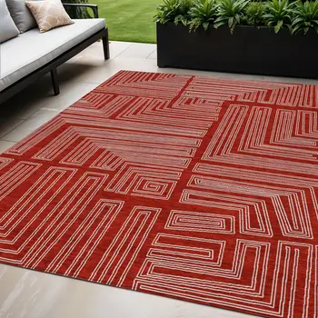 5' X 8' Red And Ivory Geometric Washable Indoor Outdoor Area Rug