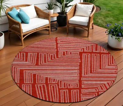 8' Red And Ivory Round Geometric Washable Indoor Outdoor Area Rug