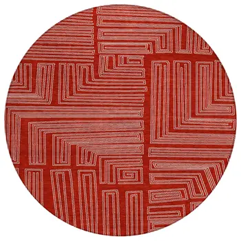 8' Red And Ivory Round Geometric Washable Indoor Outdoor Area Rug