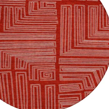 8' Red And Ivory Round Geometric Washable Indoor Outdoor Area Rug