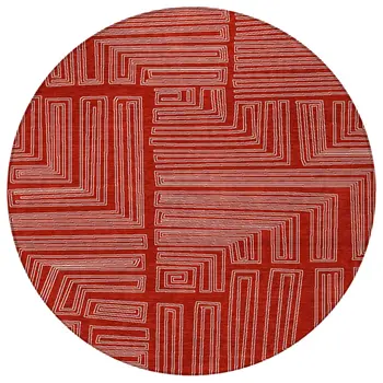 8' Red And Ivory Round Geometric Washable Indoor Outdoor Area Rug