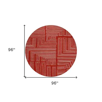 8' Red And Ivory Round Geometric Washable Indoor Outdoor Area Rug
