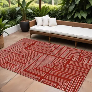 9' X 12' Red And Ivory Geometric Washable Indoor Outdoor Area Rug
