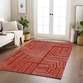 10' X 14' Red And Ivory Geometric Washable Indoor Outdoor Area Rug