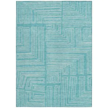 9' X 12' Turquoise And Ivory Geometric Washable Indoor Outdoor Area Rug