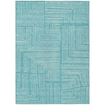9' X 12' Turquoise And Ivory Geometric Washable Indoor Outdoor Area Rug