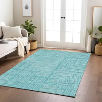 9' X 12' Turquoise And Ivory Geometric Washable Indoor Outdoor Area Rug