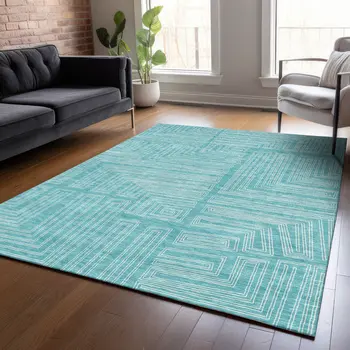 10' X 14' Turquoise And Ivory Geometric Washable Indoor Outdoor Area Rug