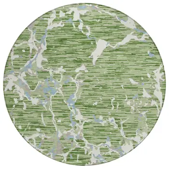 8' Artichoke Green Ivory And Beige Round Striped Washable Indoor Outdoor Area Rug