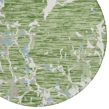 8' Artichoke Green Ivory And Beige Round Striped Washable Indoor Outdoor Area Rug