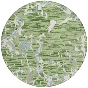8' Artichoke Green Ivory And Beige Round Striped Washable Indoor Outdoor Area Rug