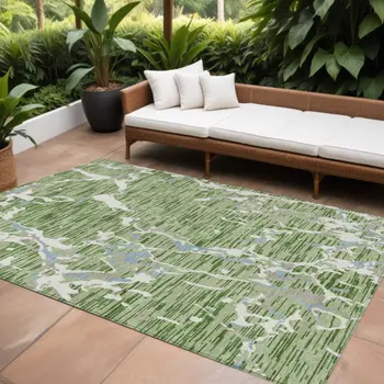 8' X 10' Artichoke Green Ivory And Beige Striped Washable Indoor Outdoor Area Rug