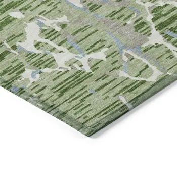 9' X 12' Artichoke Green Ivory And Beige Striped Washable Indoor Outdoor Area Rug