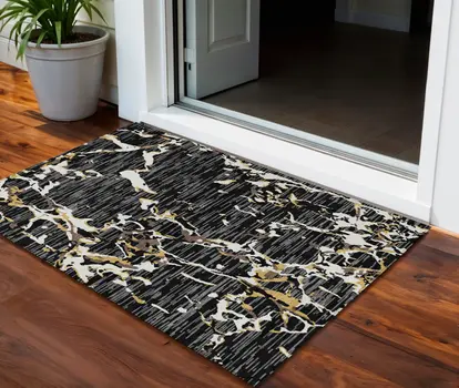 3' X 5' Black Ivory And Brown Striped Washable Indoor Outdoor Area Rug