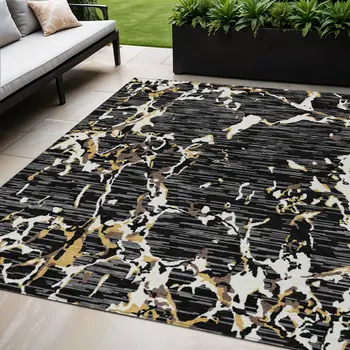 5' X 8' Black Ivory And Brown Striped Washable Indoor Outdoor Area Rug