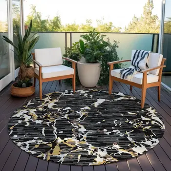 8' Black Ivory And Brown Round Striped Washable Indoor Outdoor Area Rug