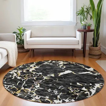 8' Black Ivory And Brown Round Striped Washable Indoor Outdoor Area Rug