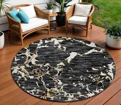 8' Black Ivory And Brown Round Striped Washable Indoor Outdoor Area Rug