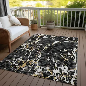 9' X 12' Black Ivory And Brown Striped Washable Indoor Outdoor Area Rug