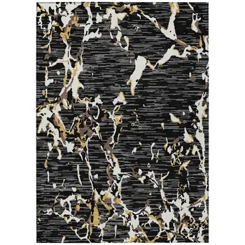 9' X 12' Black Ivory And Brown Striped Washable Indoor Outdoor Area Rug