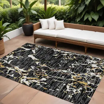 10' X 14' Black Ivory And Brown Striped Washable Indoor Outdoor Area Rug