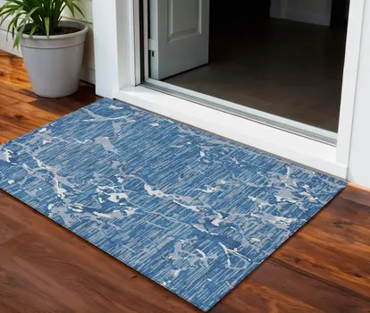 3' X 5' Blue Gray And Ivory Striped Washable Indoor Outdoor Area Rug