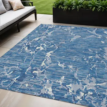 5' X 8' Blue Gray And Ivory Striped Washable Indoor Outdoor Area Rug
