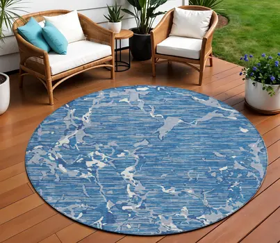 8' Blue Gray And Ivory Round Striped Washable Indoor Outdoor Area Rug