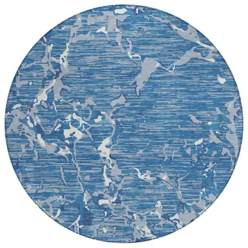 8' Blue Gray And Ivory Round Striped Washable Indoor Outdoor Area Rug