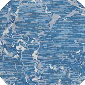 8' Blue Gray And Ivory Round Striped Washable Indoor Outdoor Area Rug