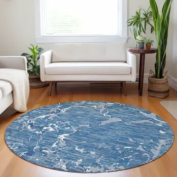 8' Blue Gray And Ivory Round Striped Washable Indoor Outdoor Area Rug