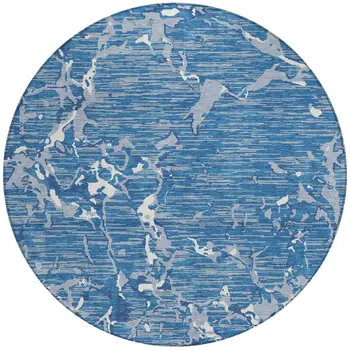 8' Blue Gray And Ivory Round Striped Washable Indoor Outdoor Area Rug